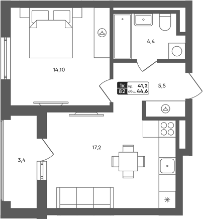 Планировка 2Е-к.кв, 44.6 м² в ЖК Совушки